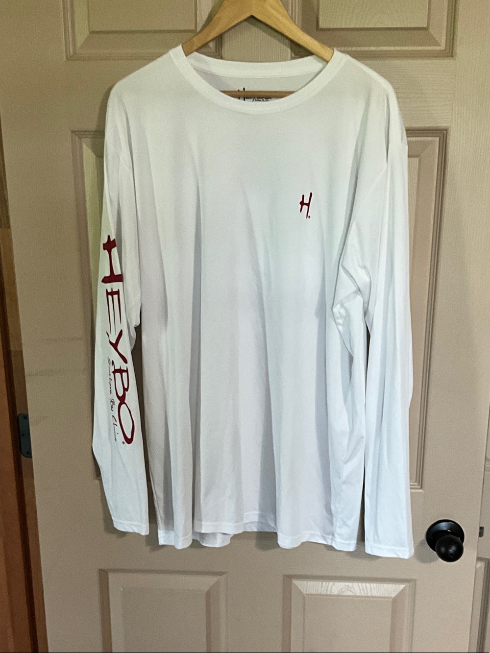 Chest-Logo White Long Sleeve Shirt with Red Sleeve Script